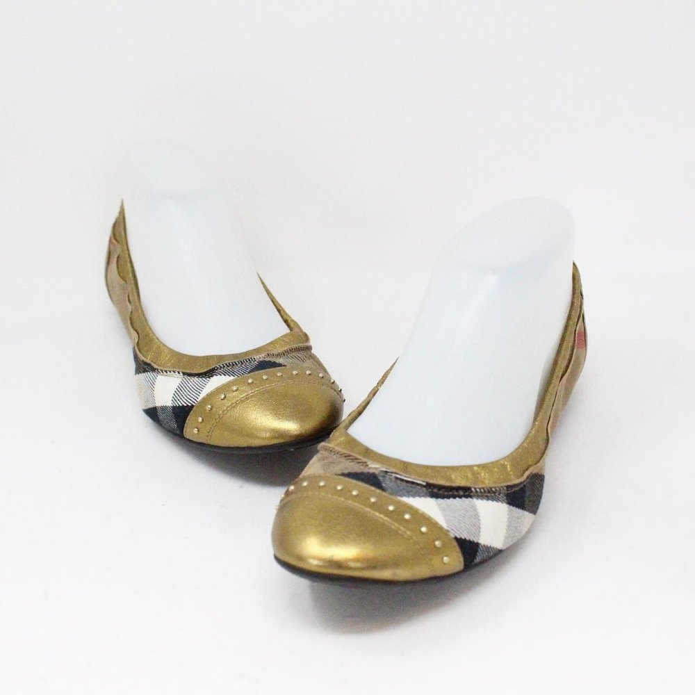 BURBERRY #36735 Check Print & Gold Ballerina Flats (US 7 EU 37)